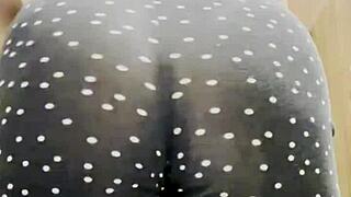 sexy blonde shows off big natural tits and ass in leggings