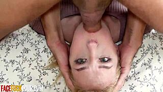 Teen blonde babe Sofie Otis gets a facial after deep throating.