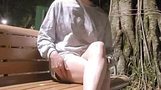 i'm shemale ting xuan, wearing a butt plug outdoors, taking off my panties for some anal fun.