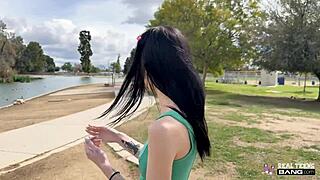 Wow, skinny teen Bella Nova rips clothes for outdoor pussy grip show!