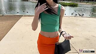 Wow, skinny teen Bella Nova rips clothes for outdoor pussy grip show!