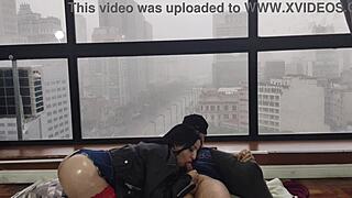 Watch this hot brunette milf slut with big ass in jeans fucking at the window for everyone outside 😏