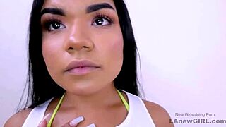 Fresh face Latina model swallows cum after daddy POV fuck