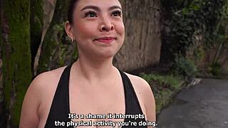 A muscular brunette guy surprises a busty Colombian babe with an unexpected proposal on the street.