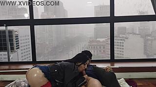 Watch this hot brunette milf slut with big ass in jeans fucking at the window for everyone outside 😏