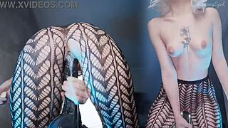 Petite blonde handles big black cock expertly, faking a cum creampie in close-up.