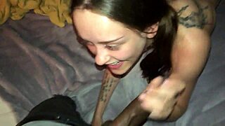 White slut neighbor gags on big cock and takes facial.