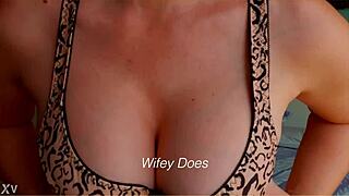 Hot milf in lingerie showing off her big natural tits in leopard bra.