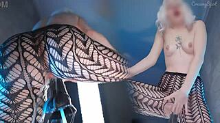 Petite blonde handles big black cock expertly, faking a cum creampie in close-up.