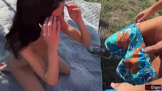 young 18+ skinny babe explores outdoor activities in the mountains with friends