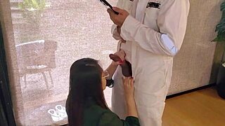 Beautiful cute wife jerks my cock after work, homemade ass play!