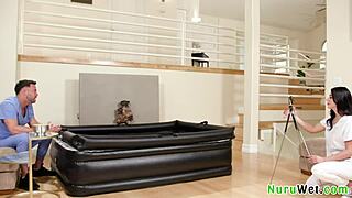 Naughty Brunette Masseuse Films Wet Nuru Massage!