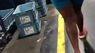 ebony thick booty walking candid in spandex leggings while spying on her ass