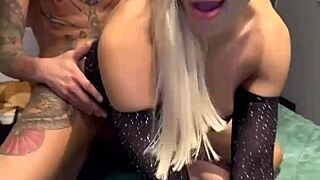 Blonde amateur fucks tattooed guy in sheer outfit.