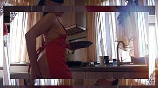 In this casual scene, the tall curvy housewife gets slapped and talks dirty during orgasm