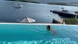Gorgeous Monika Fox Swims Naked in Pool Showing Pierced Nipples