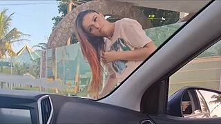 she risks public masturbation bent over in car
