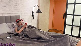 My naughty stepmom picks me up for a Christmas party and we enjoy some fun time together in the bedroom.