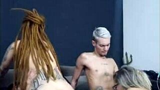 Redhead with dreads sits on friend while his wife sucks me