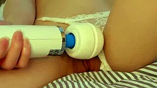 Tiny amateur Asian maid cums hard with wand