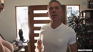 On set, athletic bubble butt receives cumshot after blowjob in fishnets, dress, and threesome