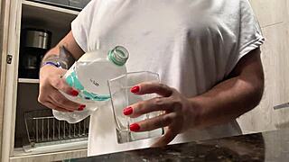 I Masturbate Juicily in Hotel Kitchen with Natural Tits