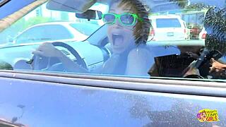 Skinny Brunette Girl Licks Her Friend's Tight Pussy In The Car