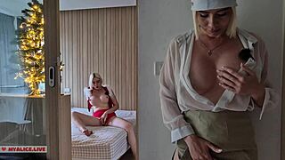 Seducing a shy neighbor, girlfriends masturbate together to orgasm for the new year