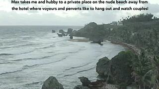 on a caribbean nude beach vacation, a husband watches his milf wife with a monster cock in a voyeur cuckold scene