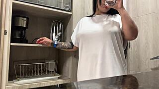 I Masturbate Juicily in Hotel Kitchen with Natural Tits