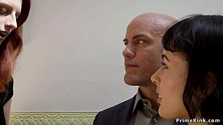 Bound lesbian submits to hardcore bdsm whipping in group threesome