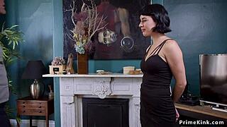 Bound lesbian submits to hardcore bdsm whipping in group threesome