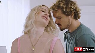 Busty blonde chats with partner about her natural big boobs.