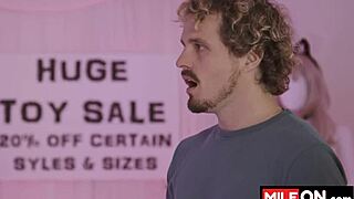 Busty blonde chats with partner about her natural big boobs.