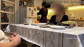 Husband Jerks Under Table in Front of Step Mom and Wife