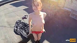 Russian bitch gets fucked hard on the roof with big cock.