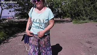 hairy mature woman in transparent dress flashing outdoors