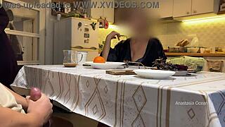 Husband Jerks Under Table in Front of Step Mom and Wife