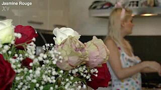 Crazy blonde housewife slut fucks wildly in the kitchen, her natural tits bouncing!