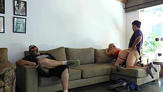 Unfaithful wife fucking with friend next to her cuckold 😈