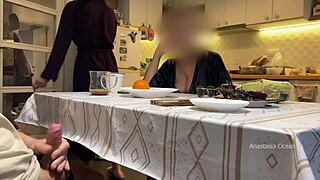 Husband Jerks Under Table in Front of Step Mom and Wife