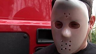 Watch this skinny milf get her ass fucked by two horny masked men!