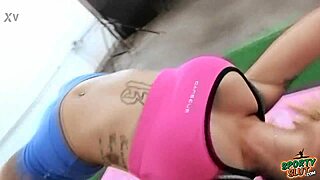 in this yoga session, the big bubble butt latina shows off her huge tits and puffy cameltoe in tight spandex