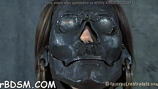 Bound chick punished with shocking prod on tits and shaved pussy?