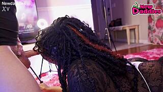 does this ebony whore inhale white daddy's big black cock?