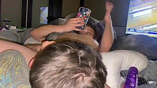 Purple Toy Enters Chick, She Squirms Grabbing Nipples, Struggling With Cigarette And Monster Drinks