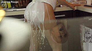 Crazy blonde housewife slut fucks wildly in the kitchen, her natural tits bouncing!