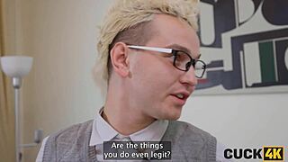 In this cuckold scene, a shy brunette wife cheats on her husband while he watches from the sofa