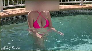 Wife flashes her tits in the hotel pool publicly