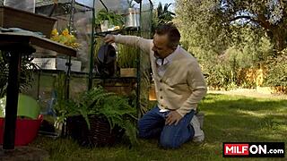 sexy big tit blonde milf enjoys outdoor time in garden